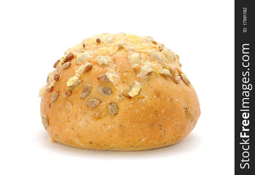 A wholemeal bun with sunflower seeds and cheese isolated on a white background