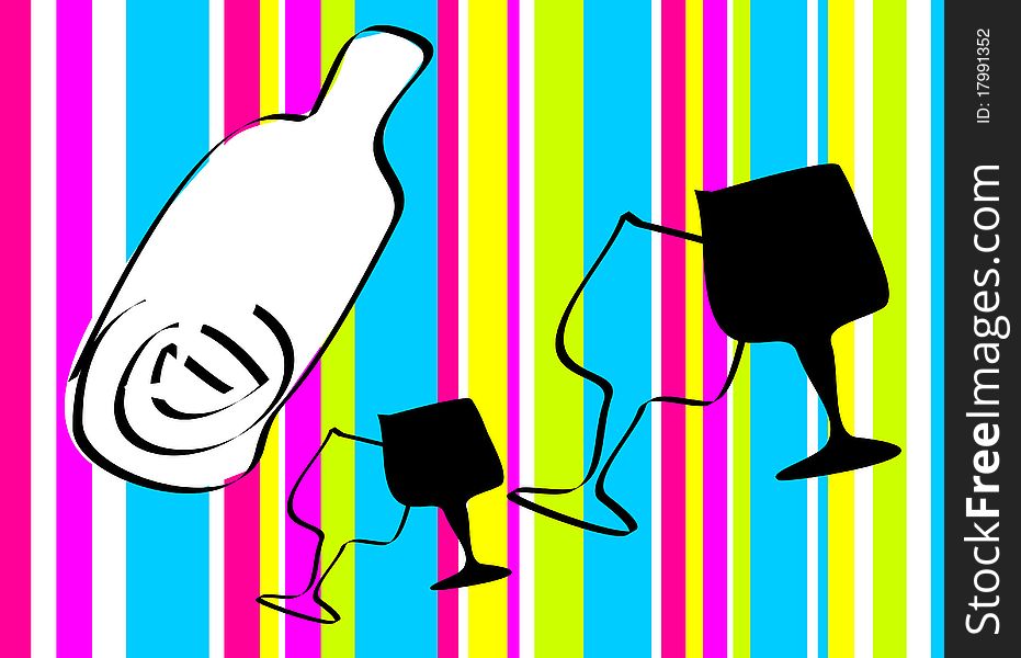 A bottle and glass for wine, juice and the like represented symbolically for drinking and colorful striped background. A bottle and glass for wine, juice and the like represented symbolically for drinking and colorful striped background.