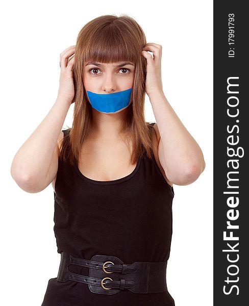 Beautiful girl with her mouth sealed with blue tape