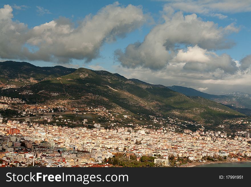 View of the city Alanya in Turkey against the backdrop of the mountains