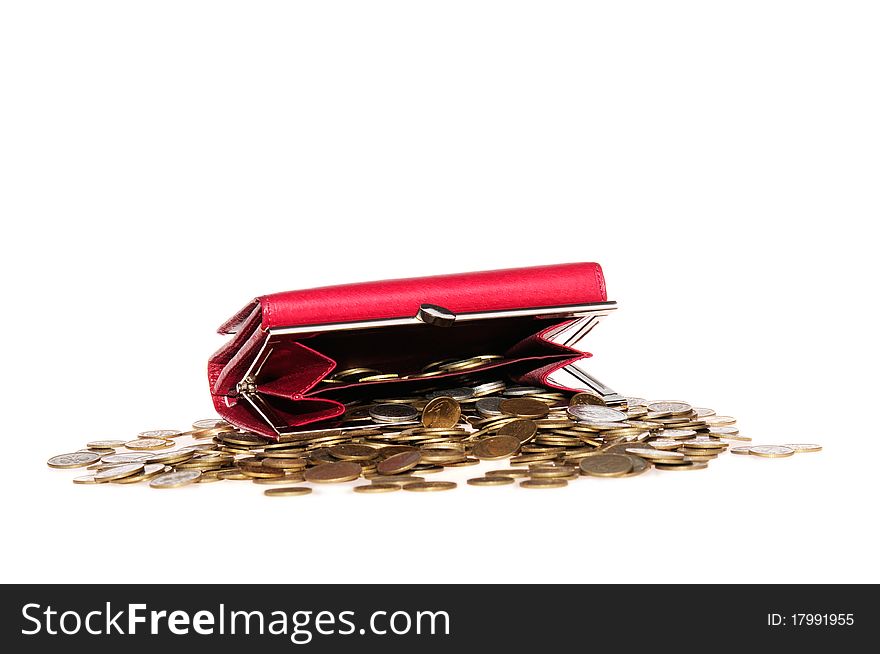 Coins from red Wallet isolated on white