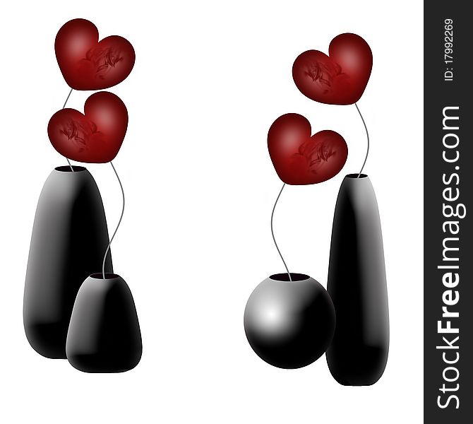 Valentine's background with vases with flowers hearts on white background