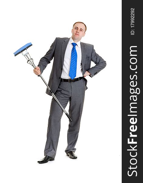 Businessman in a gray suit with a blue mop. Businessman in a gray suit with a blue mop