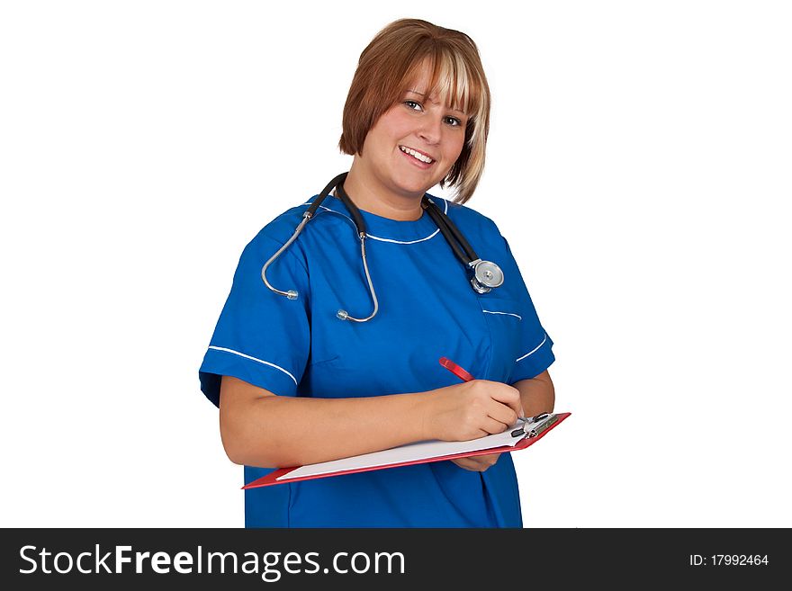 Young woman in blue uniform making notes - isolated. Young woman in blue uniform making notes - isolated