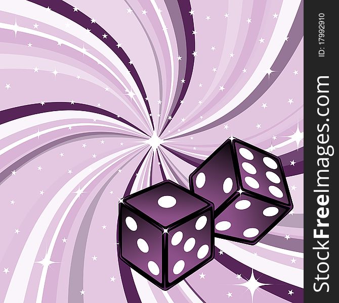 Vector illustration of two dice on the beautifull shiny violet background. Casino items.