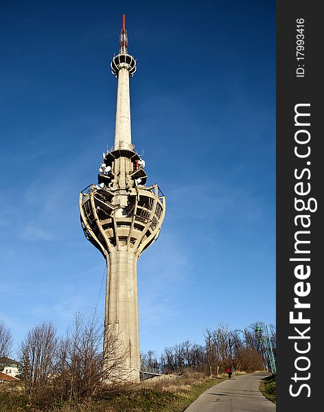 View at communication tower damaged by bomb. View at communication tower damaged by bomb.