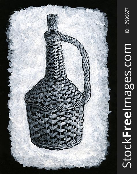 Acrylics-drawn braided wine bottle. Acrylics-drawn braided wine bottle