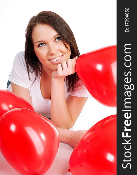 Young Brunette With Red Hearts Isolated