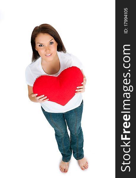 Young Brunette With Red Heart Isolated