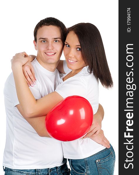 Couple with a red heart on white background