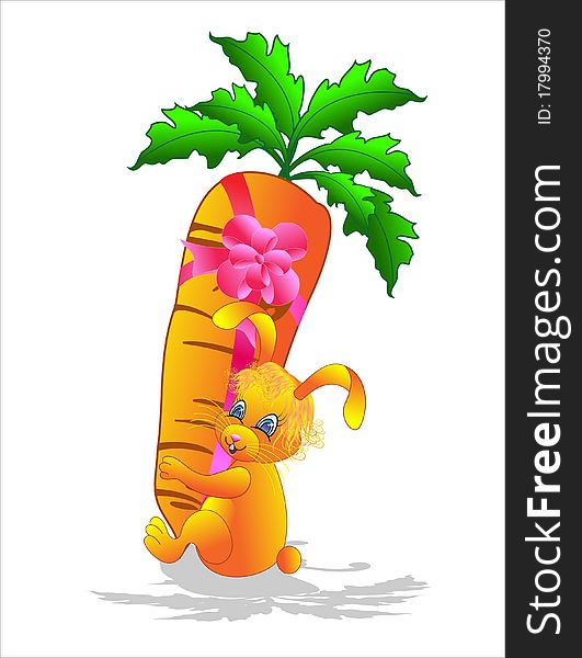 Hare with carrot in a gift. Vector illustration.