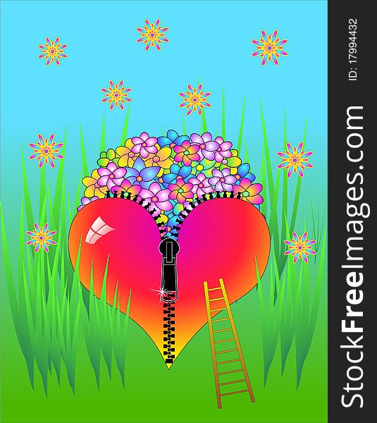 Heart on fastener with flowers. Vector illustration.