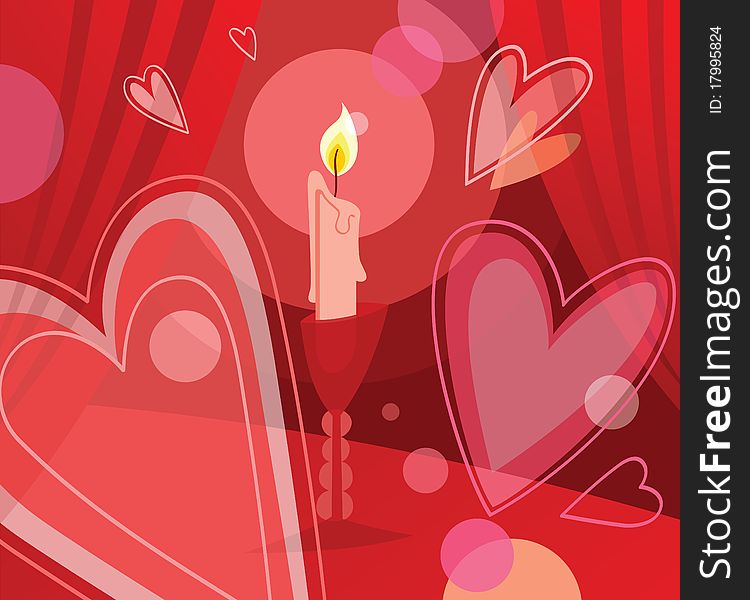 Lighted candle on the table, surrounded by romantic hearts. Vector illustration. Lighted candle on the table, surrounded by romantic hearts. Vector illustration.