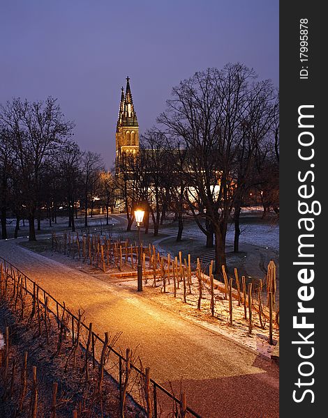 Road to cathedral of saint Peter and Paul at Vysehrad castle at night. Road to cathedral of saint Peter and Paul at Vysehrad castle at night