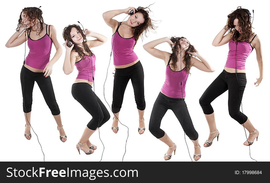 Collection cherfull young lady dancing with headphones. Collection cherfull young lady dancing with headphones