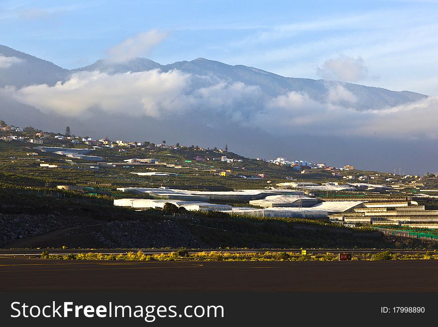 View from airport La Palma to the hills and mountains in clouds
