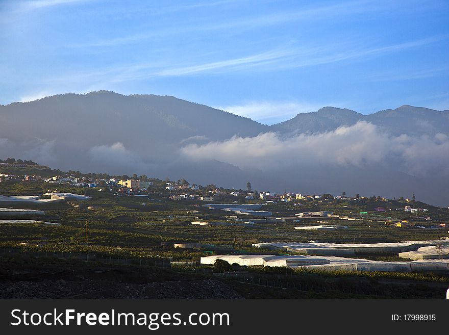 View from airport La Palma to the hills and mountains with clouds