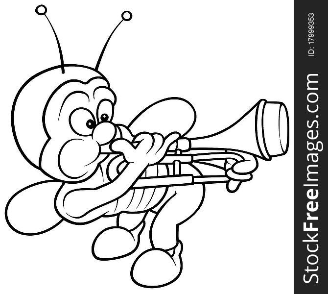 Bug and Trombone - Black and White Cartoon illustration, Vector