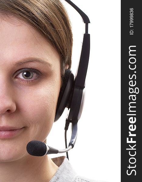 Friendly call center operator girl face fragment isolated over white background