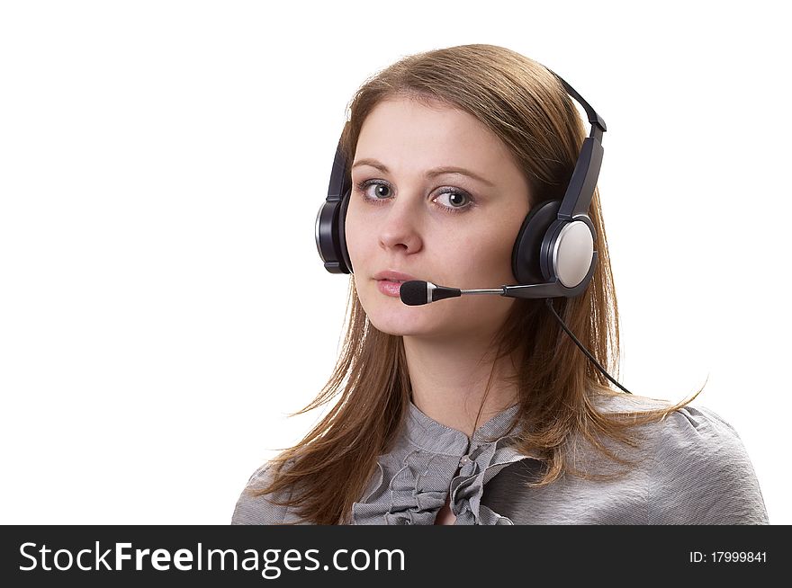 Friendly call center support service operator girl isolated over white background. Friendly call center support service operator girl isolated over white background.