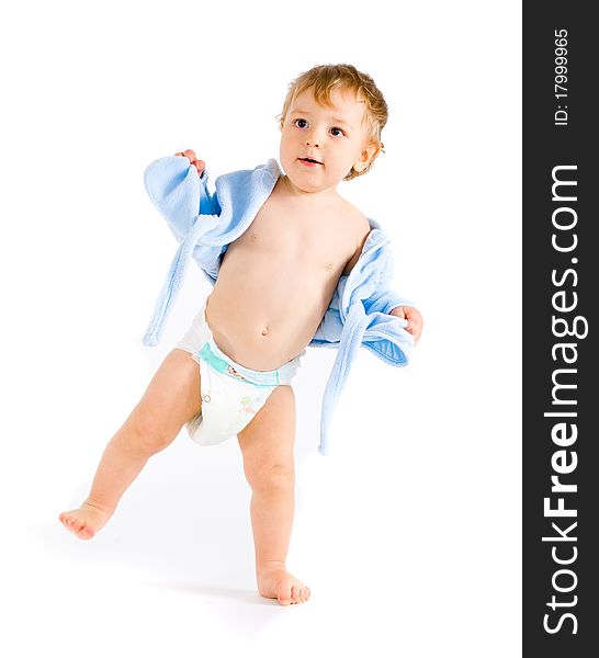 Baby In Blue Bathrobe On One Foot