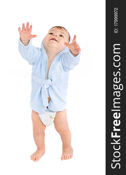 Baby in blue bathrobe on white