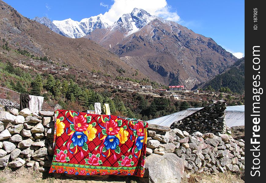 Colourful blanket in the sun, on the Himalayas mountains, Nepal