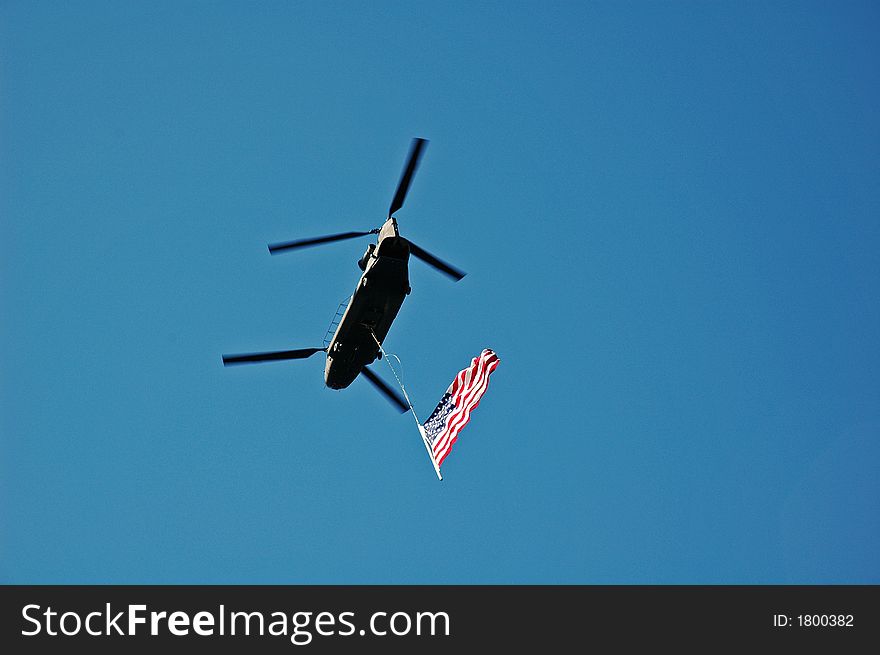 Helicopter flying with the Stars and Stripes. Helicopter flying with the Stars and Stripes