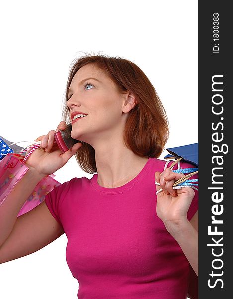 Woman shopping and cell phone with white background