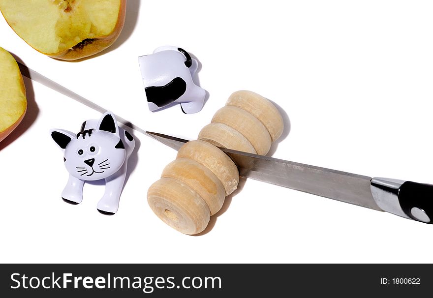 Objects cut into halves with knife. Objects cut into halves with knife