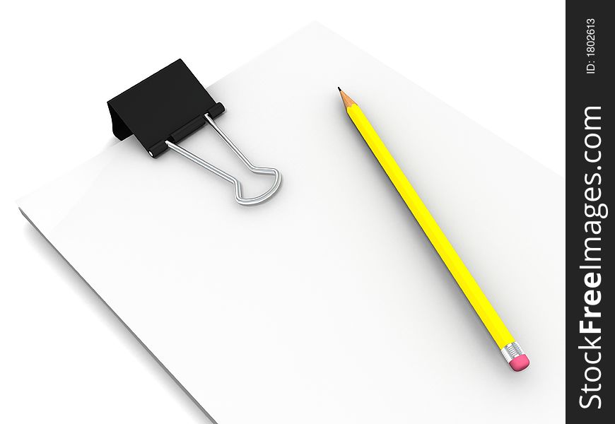 Blank paper with sharp rubber pencil and clamp