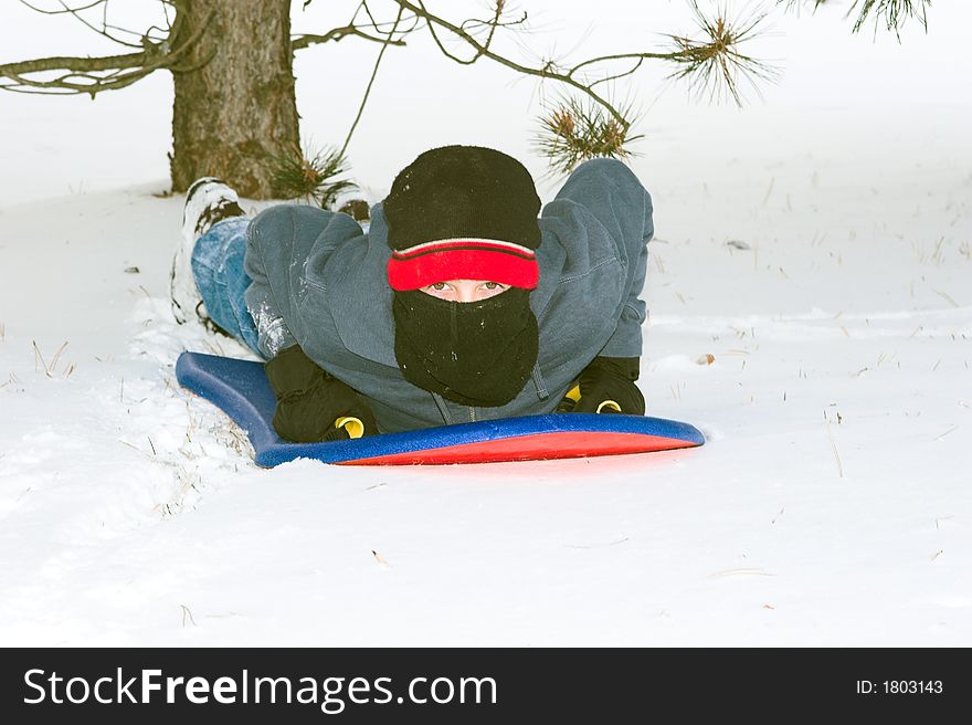 Boy on a sled in the snowy winter; pine tree in the background. Boy on a sled in the snowy winter; pine tree in the background