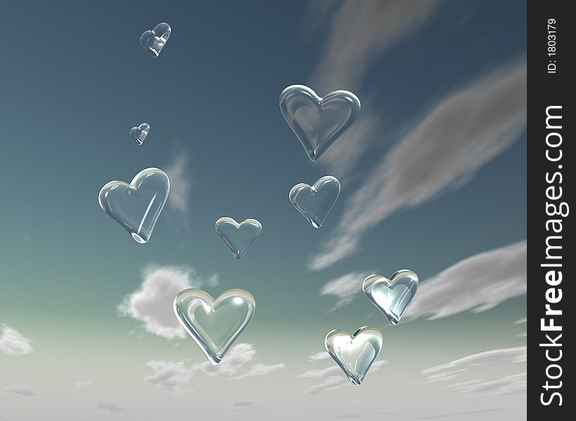 A rendition with fragile glass hearts flying towards the sky. A rendition with fragile glass hearts flying towards the sky