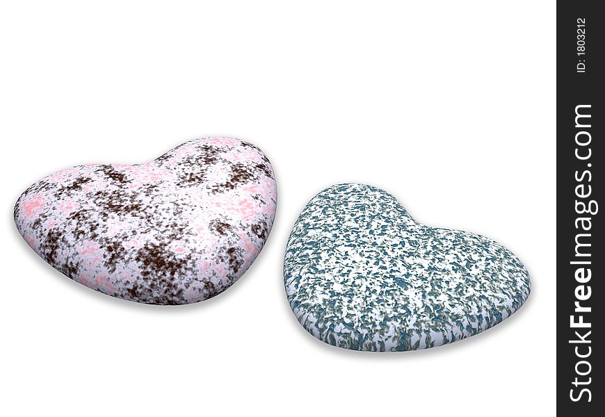 Two heart from a color marble stone on a white background. Two heart from a color marble stone on a white background