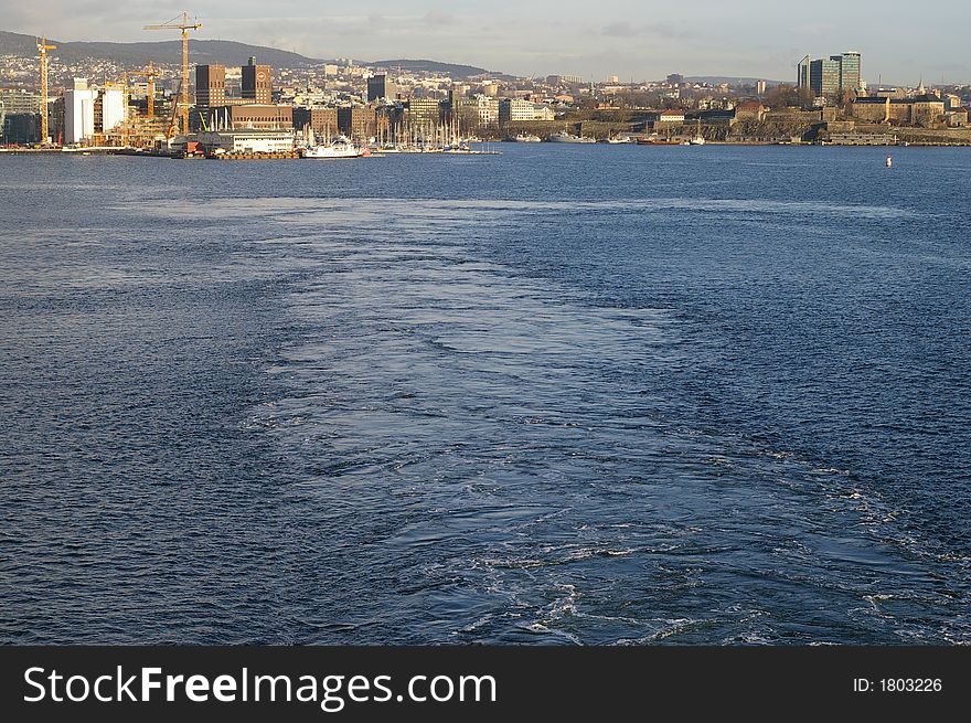 Ship leaving Oslo harbor in Norway