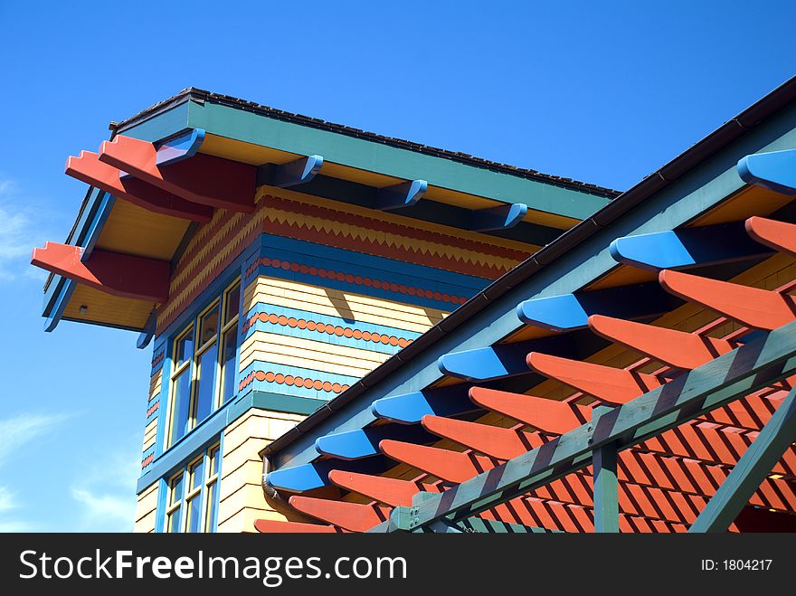 Very colorful roof and building with blue sky. Very colorful roof and building with blue sky