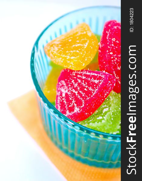 Colourful Fruit jellies in the blue vase (Shallow DOF)