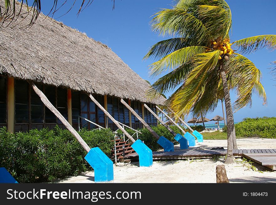 Cabana with thatched roof in tropical setting. Cabana with thatched roof in tropical setting