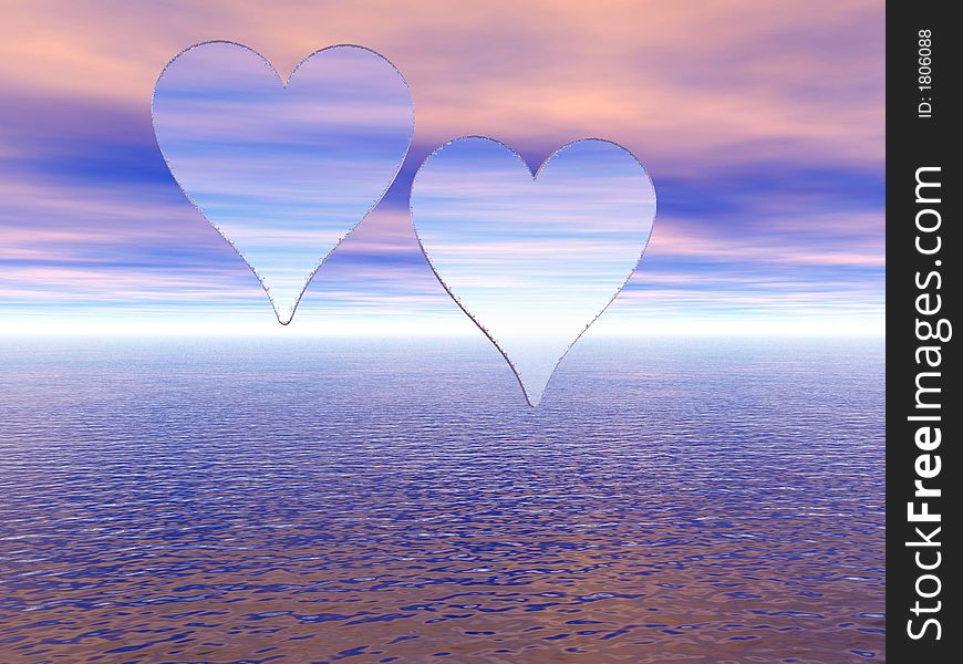 Two transparent hearts on a sunset sky - digital artwork.