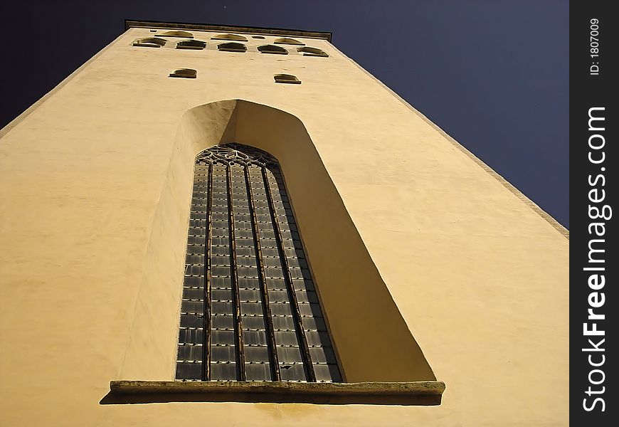 A church tower seen from a low angle