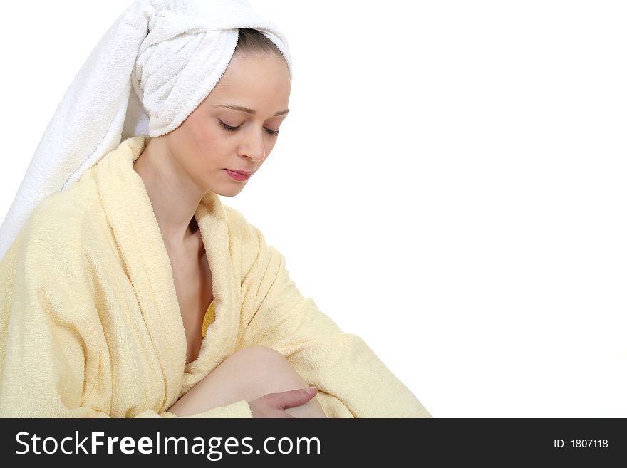 Young woman relaxing after the bath-isolated on white (see similar images)