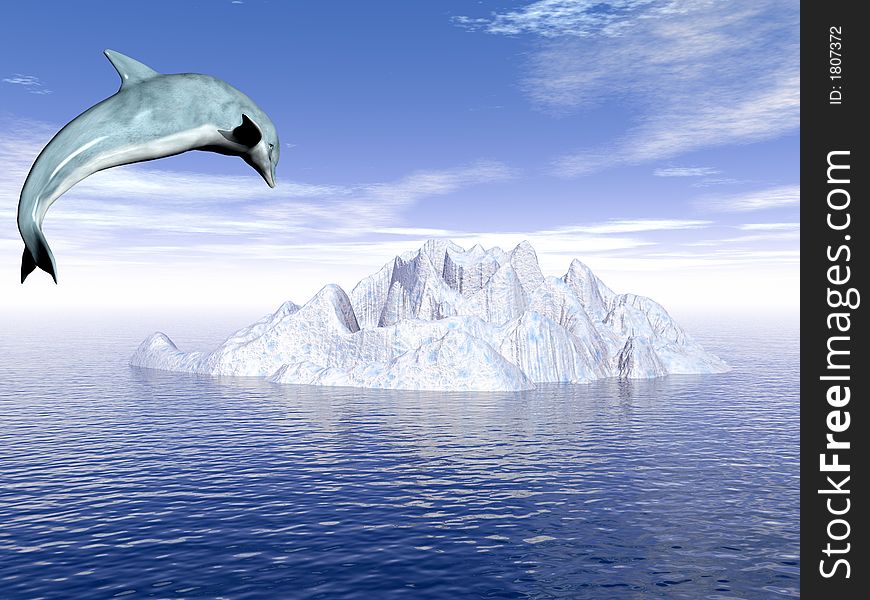 Jumping dolphin and iceberg  - 3D scene. Jumping dolphin and iceberg  - 3D scene.