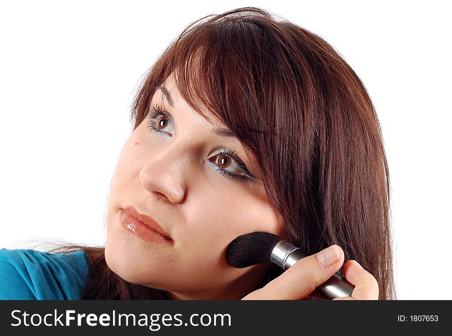 Attractive woman doing makeup on white background. Attractive woman doing makeup on white background