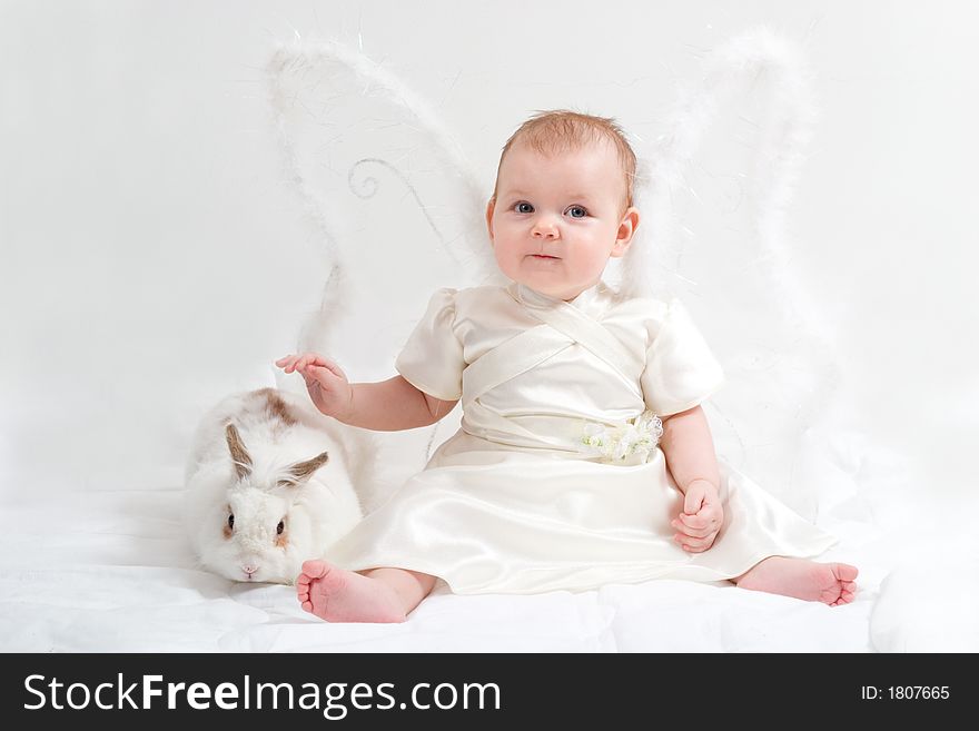 Cute little girl dressed like fairy with fluffy wings plays with white rabbit. Cute little girl dressed like fairy with fluffy wings plays with white rabbit