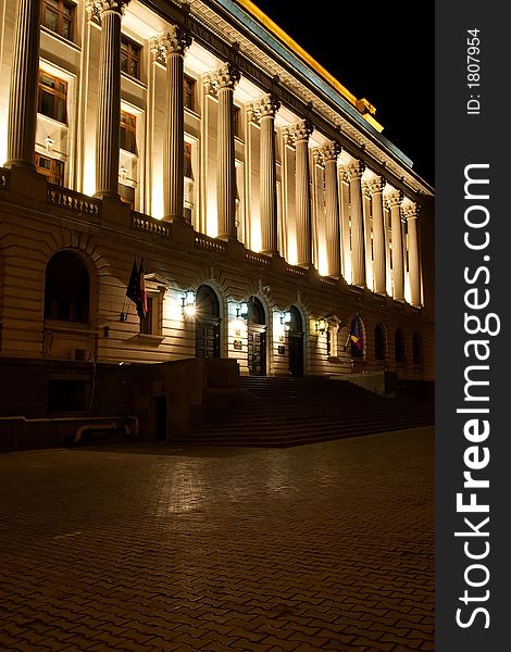 Columns view in night lights in Bucharest - Romania