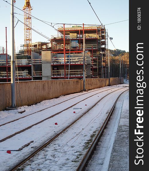 A builing site by the tram rails in Oslo, nrway. A builing site by the tram rails in Oslo, nrway