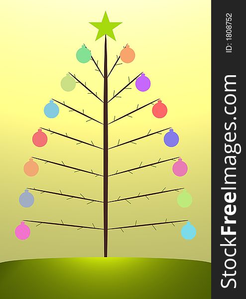 Illustration of a christmas tree with colored baubles