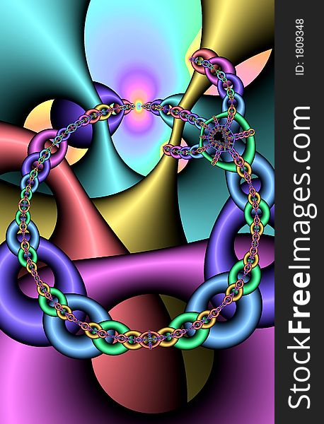 A colorful pattern of fractal light taking the shape of chains. A colorful pattern of fractal light taking the shape of chains