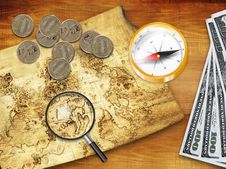 Money, Magnifier, Compass, Card Royalty Free Stock Photography Money, Magnifier, Compass, Card Royalty Free Stock Photography