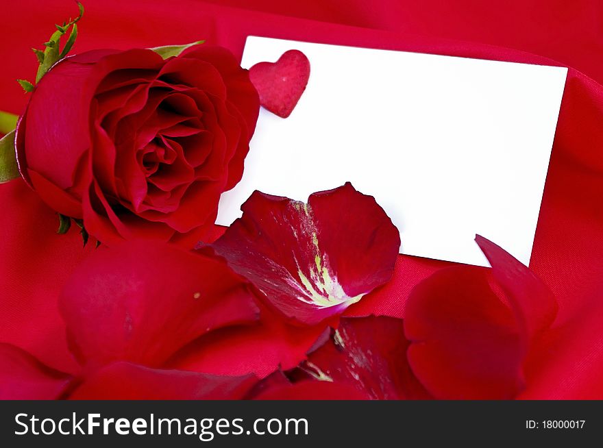 Call Valentine's Day with rose petals and a rose on red background. Call Valentine's Day with rose petals and a rose on red background